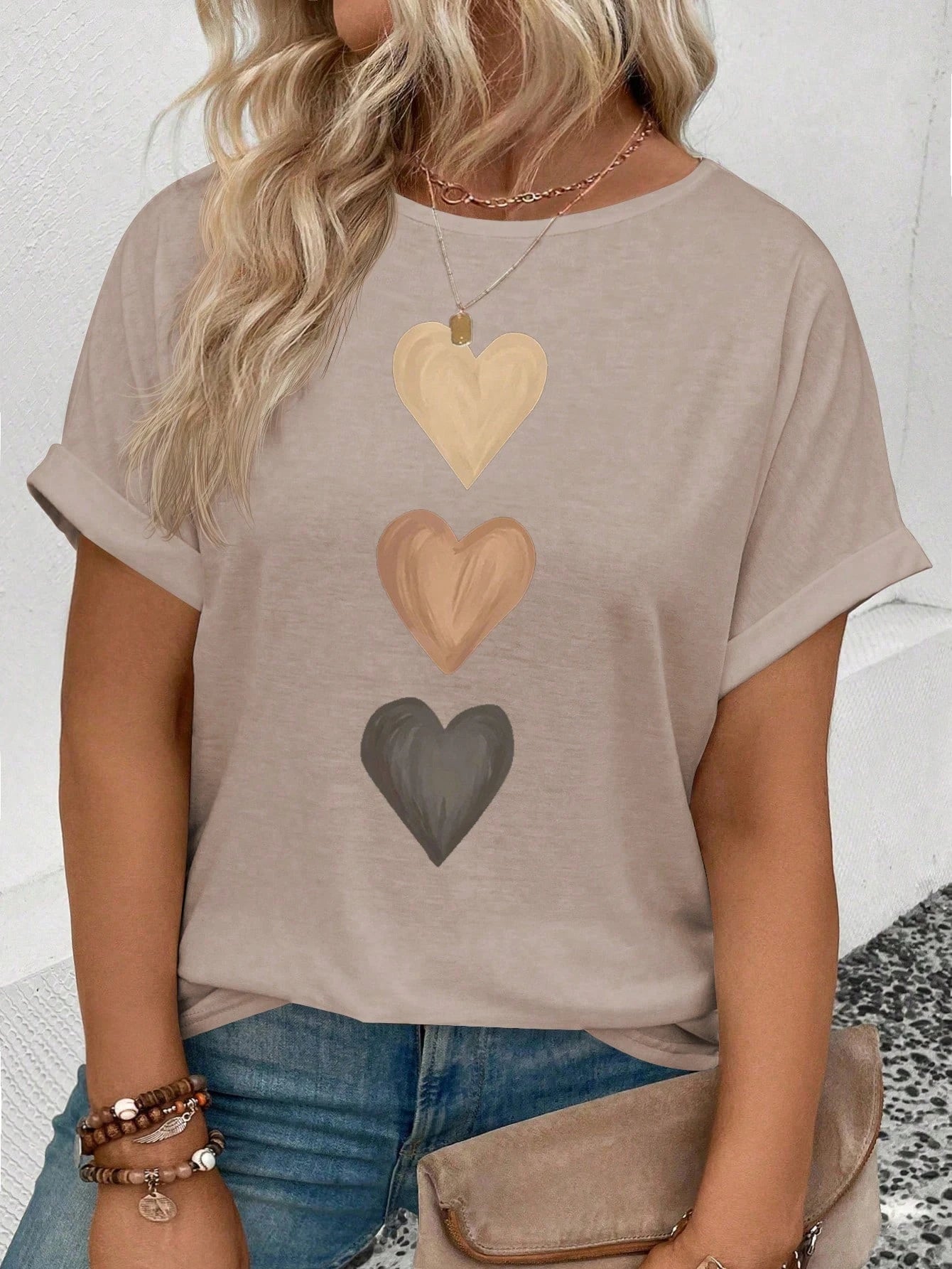 INAWLY Women's Casual Crew Neck Short Sleeve Turnover Cuff Ombre Heart Print Plus Size T-Shirt, Best Selling
