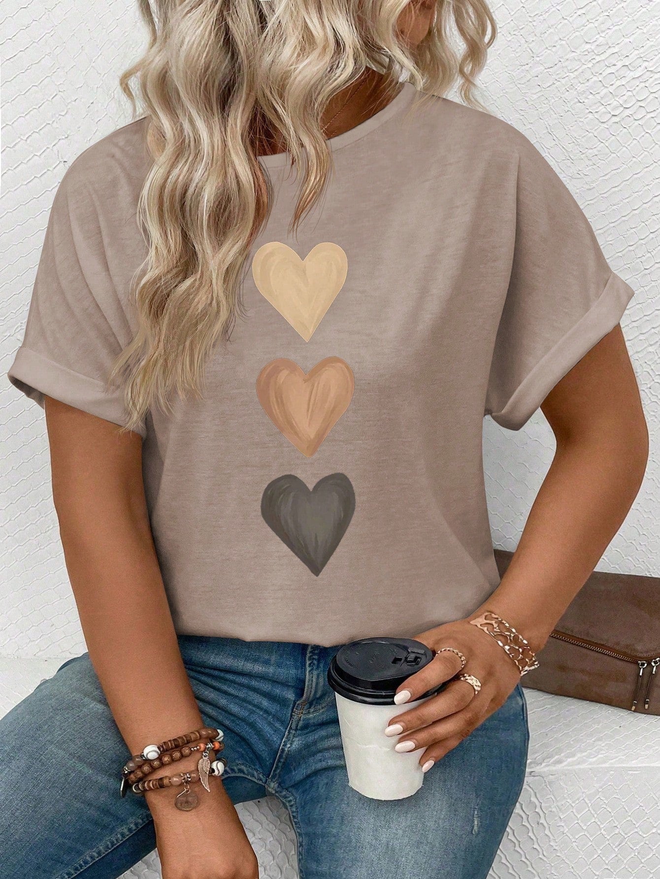 INAWLY Women's Casual Crew Neck Short Sleeve Turnover Cuff Ombre Heart Print Plus Size T-Shirt, Best Selling