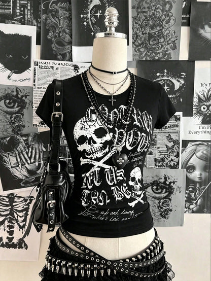 INAWLY Women's Summer Slim Fit Punk Casual T-Shirt With Skull Print, Black