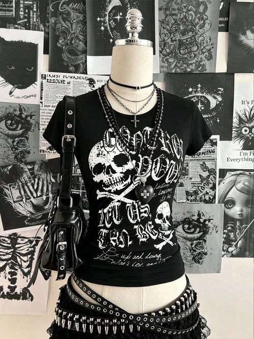 INAWLY Women's Summer Slim Fit Punk Casual T-Shirt With Skull Print, Black