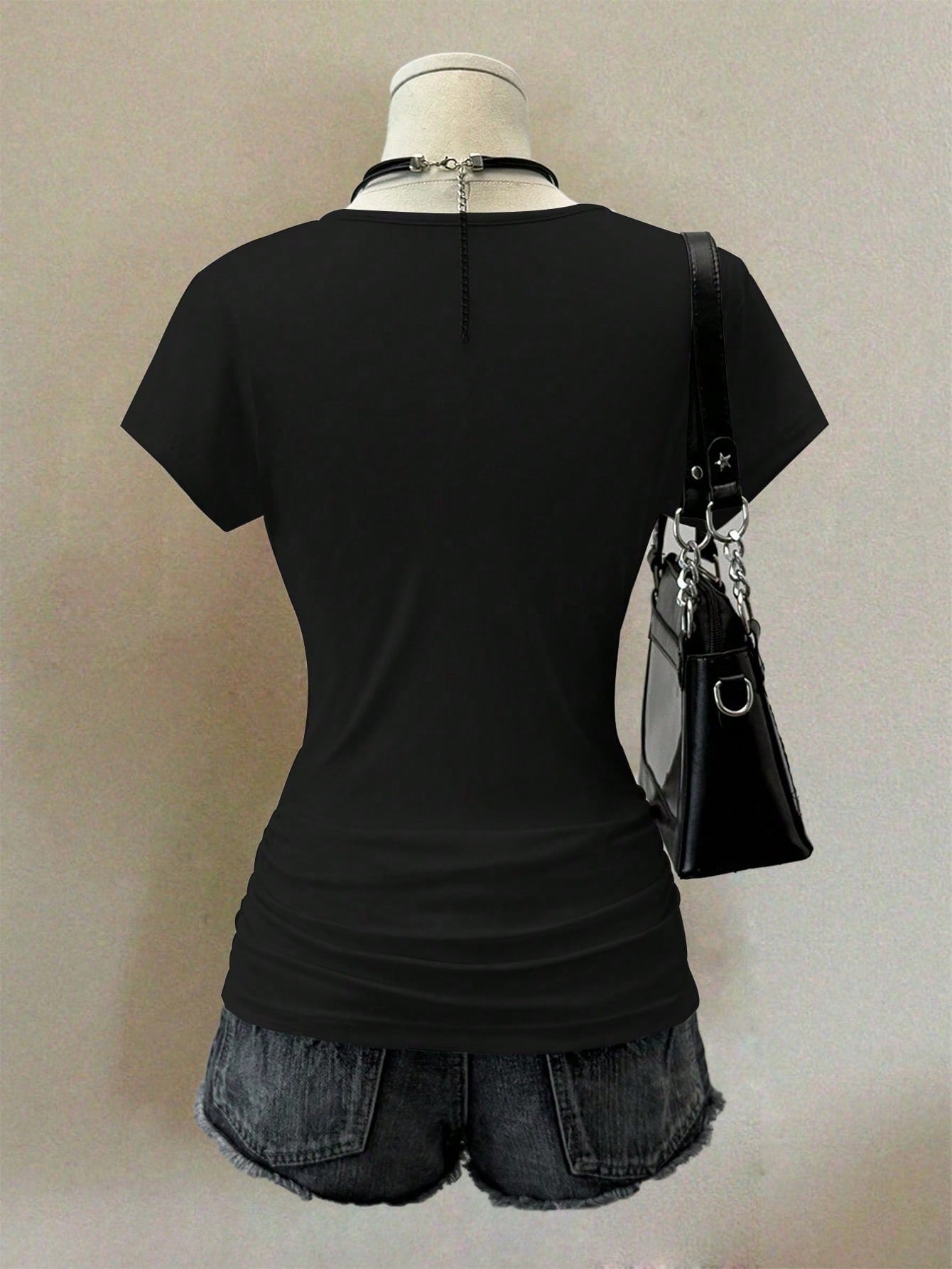 INAWLY Women's Summer Slim Fit Punk Casual T-Shirt With Skull Print, Black