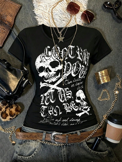 INAWLY Women's Summer Slim Fit Punk Casual T-Shirt With Skull Print, Black