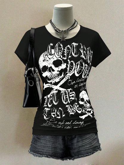 INAWLY Women's Summer Slim Fit Punk Casual T-Shirt With Skull Print, Black