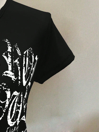 INAWLY Women's Summer Slim Fit Punk Casual T-Shirt With Skull Print, Black