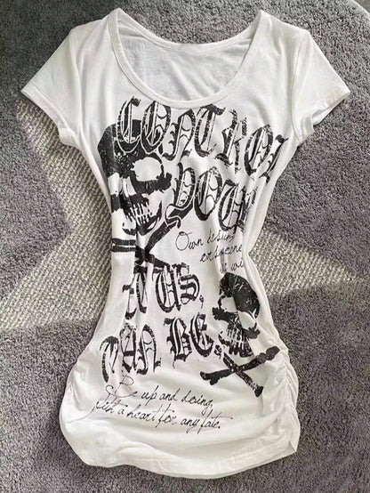 INAWLY Women's Summer Slim Fit Punk Casual T-Shirt With Skull Print, Black