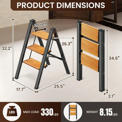 INBRAVE Ultra-Stable 3-Step Folding Ladder With Safety Handrail – Compact, Non-Slip Lightweight Steel Stool For Home Improvement, DIY Projects, And High-Reach Tasks