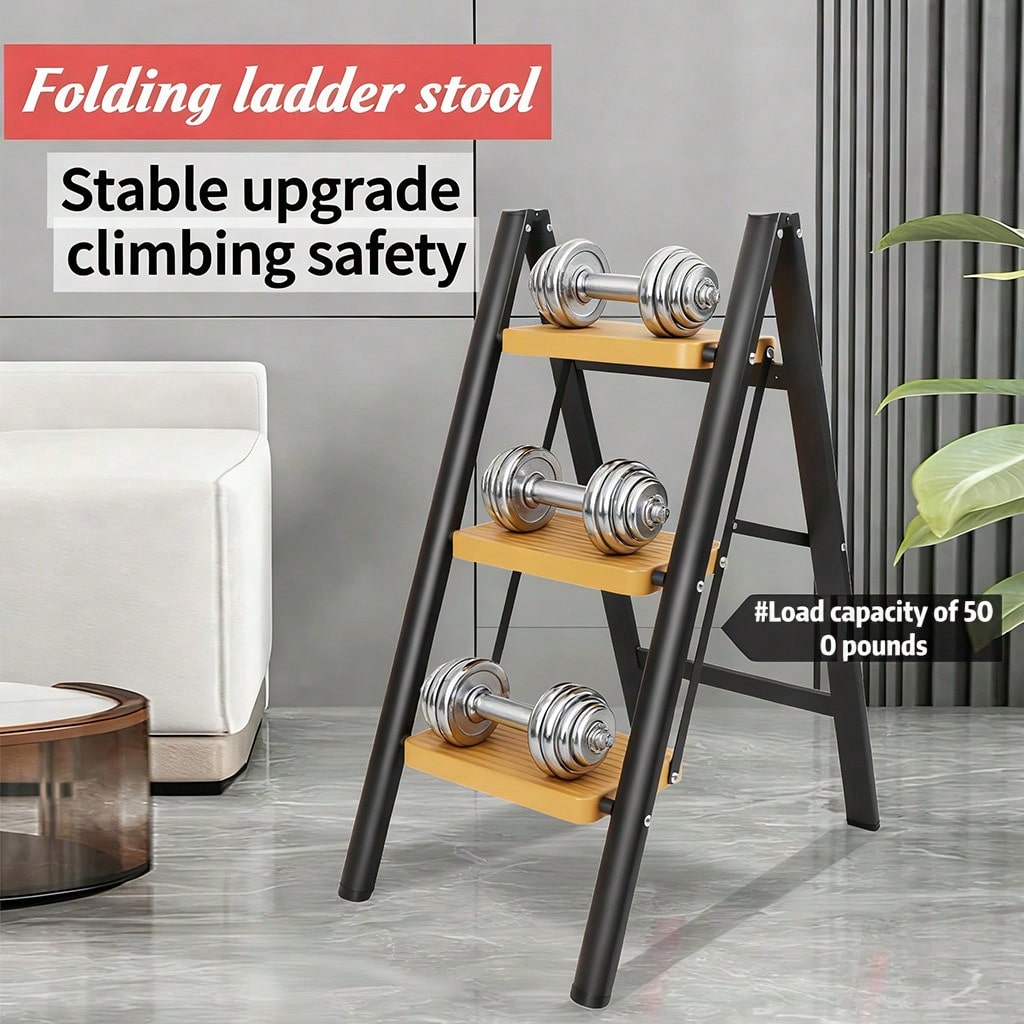 INBRAVE Ultra-Stable 3-Step Folding Ladder With Safety Handrail – Compact, Non-Slip Lightweight Steel Stool For Home Improvement, DIY Projects, And High-Reach Tasks