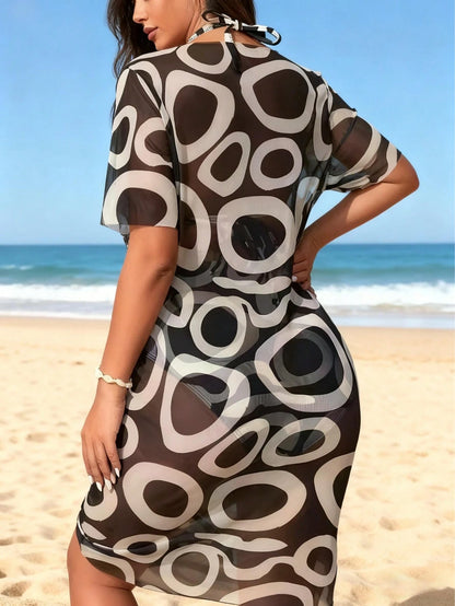 Island Resort Style Black And White Geometric Swimsuit Set: Deep V Neck Swimsuit + Tie-Dye Net Cover-Up For Hot Spring And Beach Wear