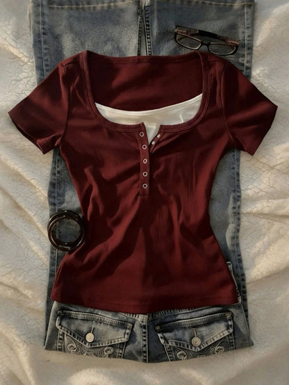 IslaSuriya 2 In 1 Wine Red Women Short Sleeve T-Shirt