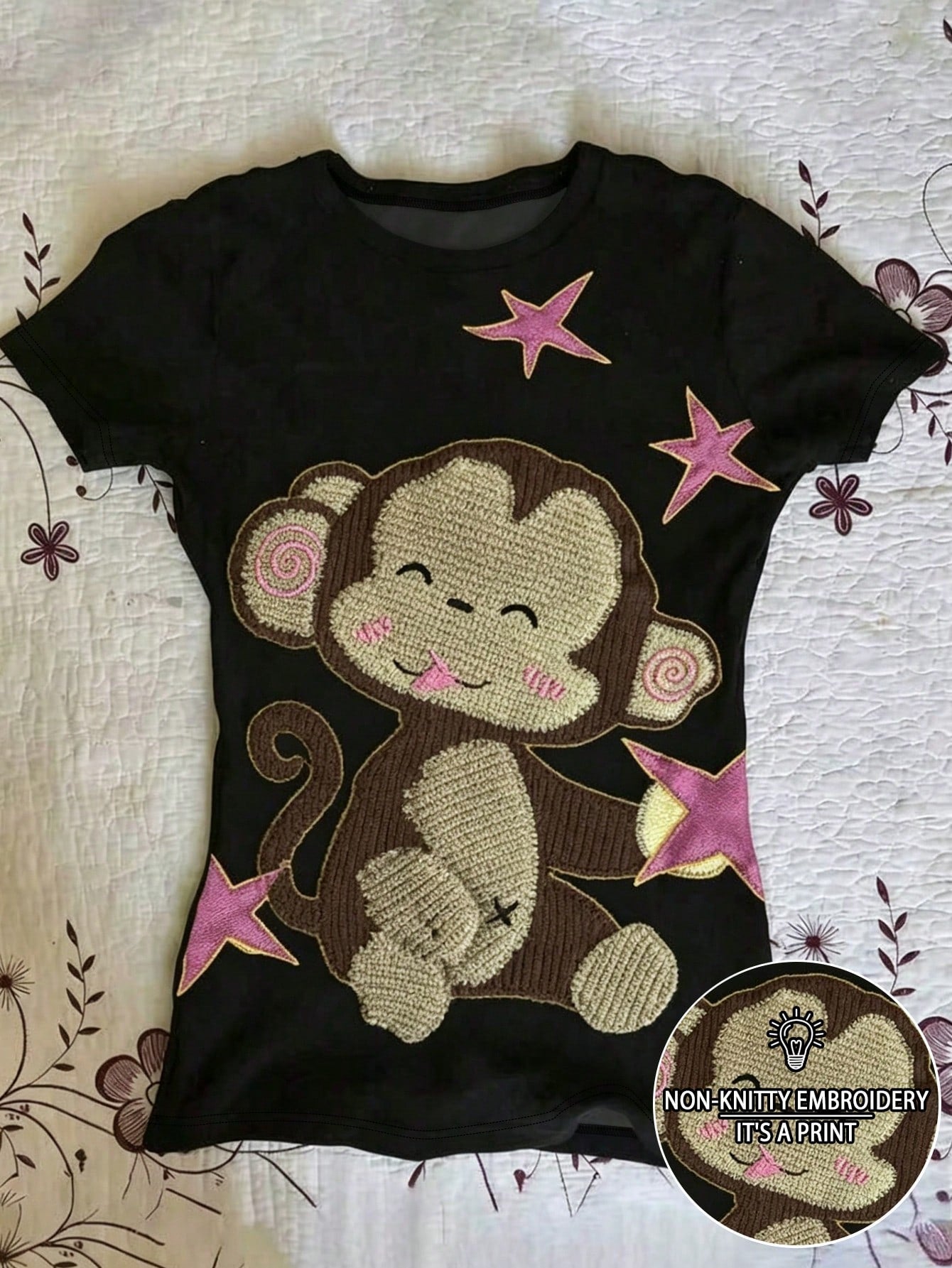 IslaSuriya Plus Size Women's Cartoon Animal Embroidered Round Neck Short Sleeve T-Shirt