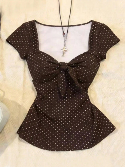 IslaSuriya Women's Casual Polka Dot Print Tie Front T-Shirt, Summer