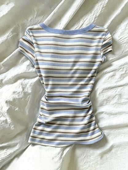 IslaSuriya Women's Striped Contrast Button Half Placket Fitted T-Shirt