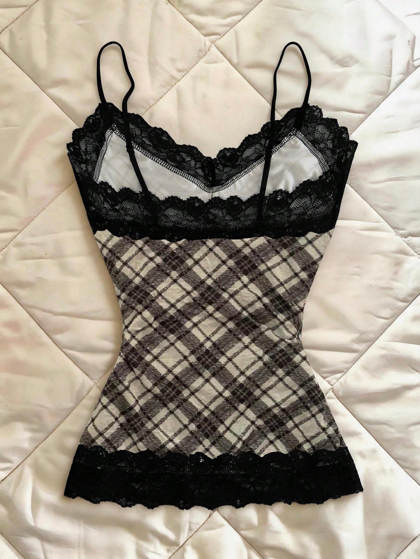 IslaSuriya Women's Summer New Y2K Plaid Lace Patchwork Versatile Slim Fit Flattering Plus Size Camisole Tank Top