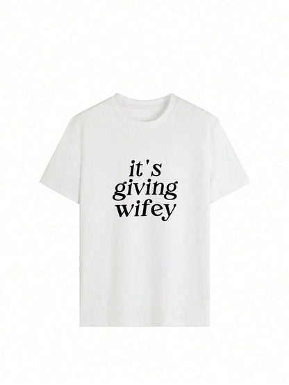 "Its Giving Wifey" Plus Size Crew Neck Short Sleeve T-Shirt- Bride-To-Be T-Shirt, Newlywed T-Shirt, Honeymoon T-Shirt Casual Black Summer