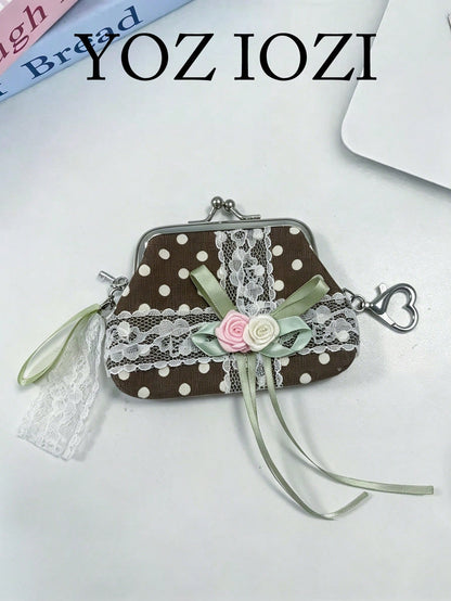 Japanese & Korean Style Niche Design Cute Polka Dot Coin Purse Pouch Storage Bag With Lace Flower Bow, Fresh Aesthetic