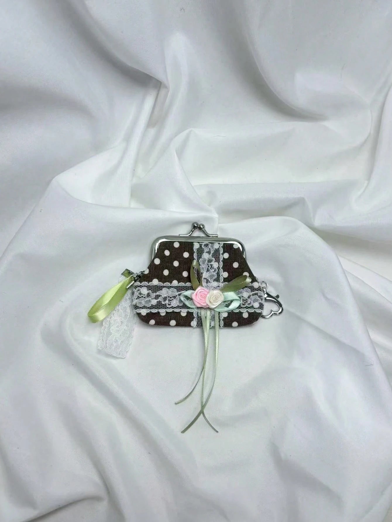 Japanese & Korean Style Niche Design Cute Polka Dot Coin Purse Pouch Storage Bag With Lace Flower Bow, Fresh Aesthetic