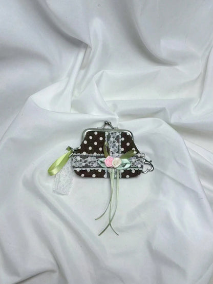 Japanese & Korean Style Niche Design Cute Polka Dot Coin Purse Pouch Storage Bag With Lace Flower Bow, Fresh Aesthetic