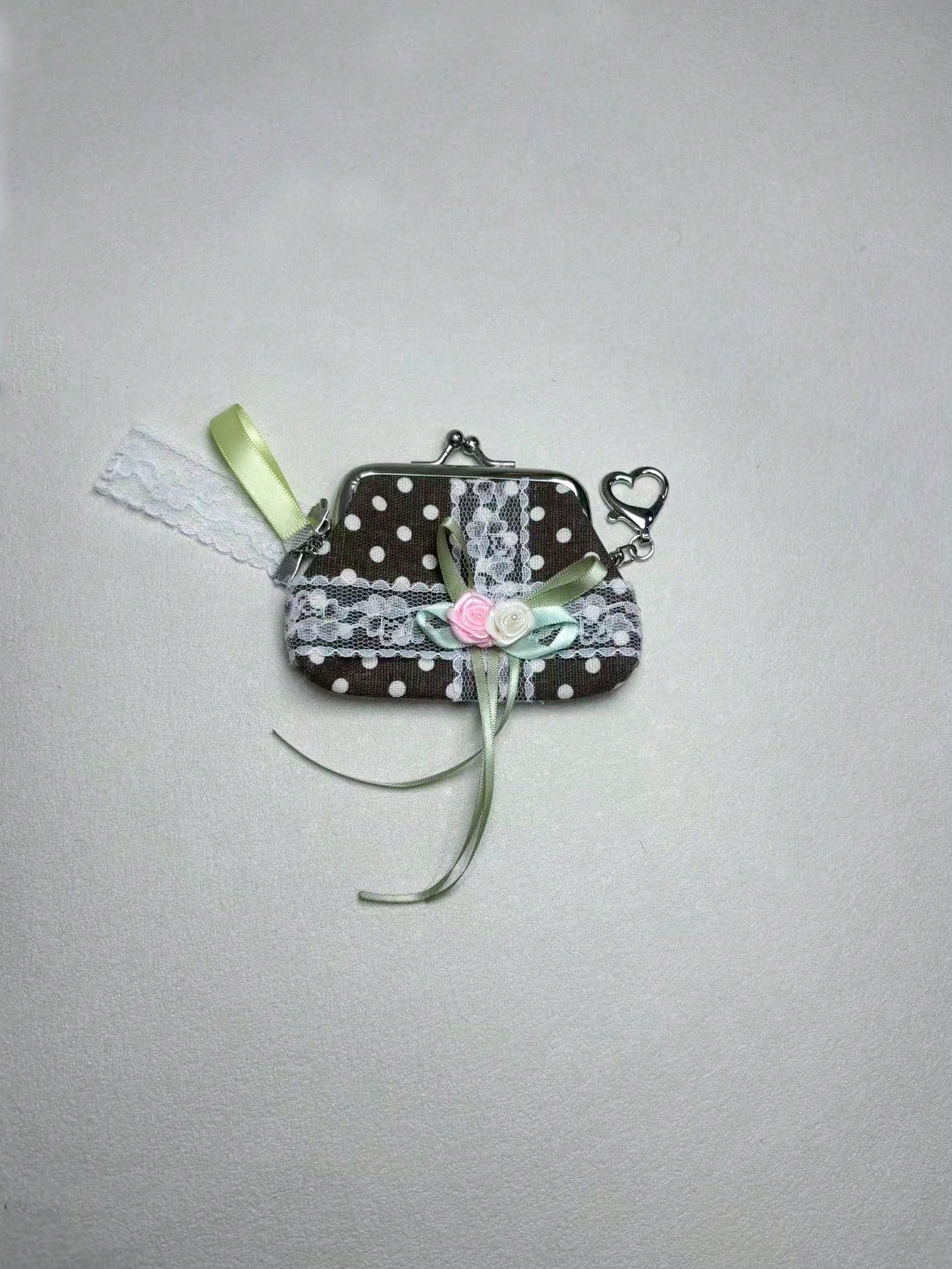 Japanese & Korean Style Niche Design Cute Polka Dot Coin Purse Pouch Storage Bag With Lace Flower Bow, Fresh Aesthetic