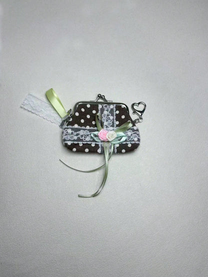 Japanese & Korean Style Niche Design Cute Polka Dot Coin Purse Pouch Storage Bag With Lace Flower Bow, Fresh Aesthetic