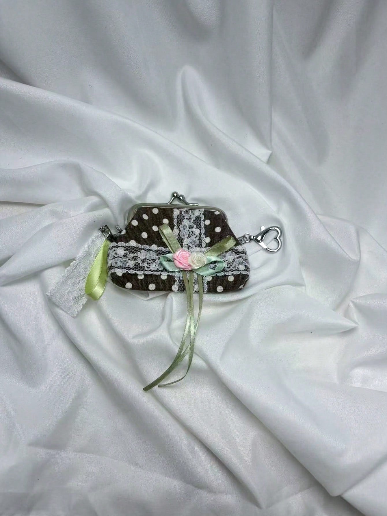 Japanese & Korean Style Niche Design Cute Polka Dot Coin Purse Pouch Storage Bag With Lace Flower Bow, Fresh Aesthetic