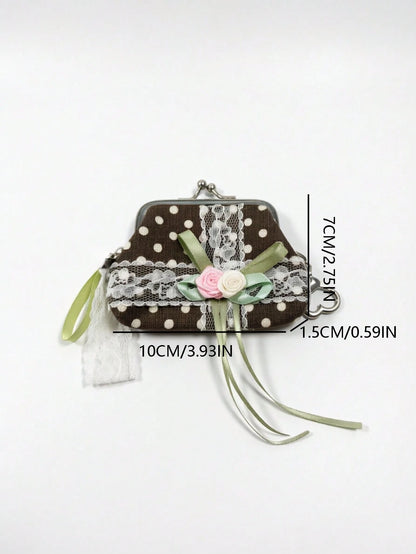 Japanese & Korean Style Niche Design Cute Polka Dot Coin Purse Pouch Storage Bag With Lace Flower Bow, Fresh Aesthetic