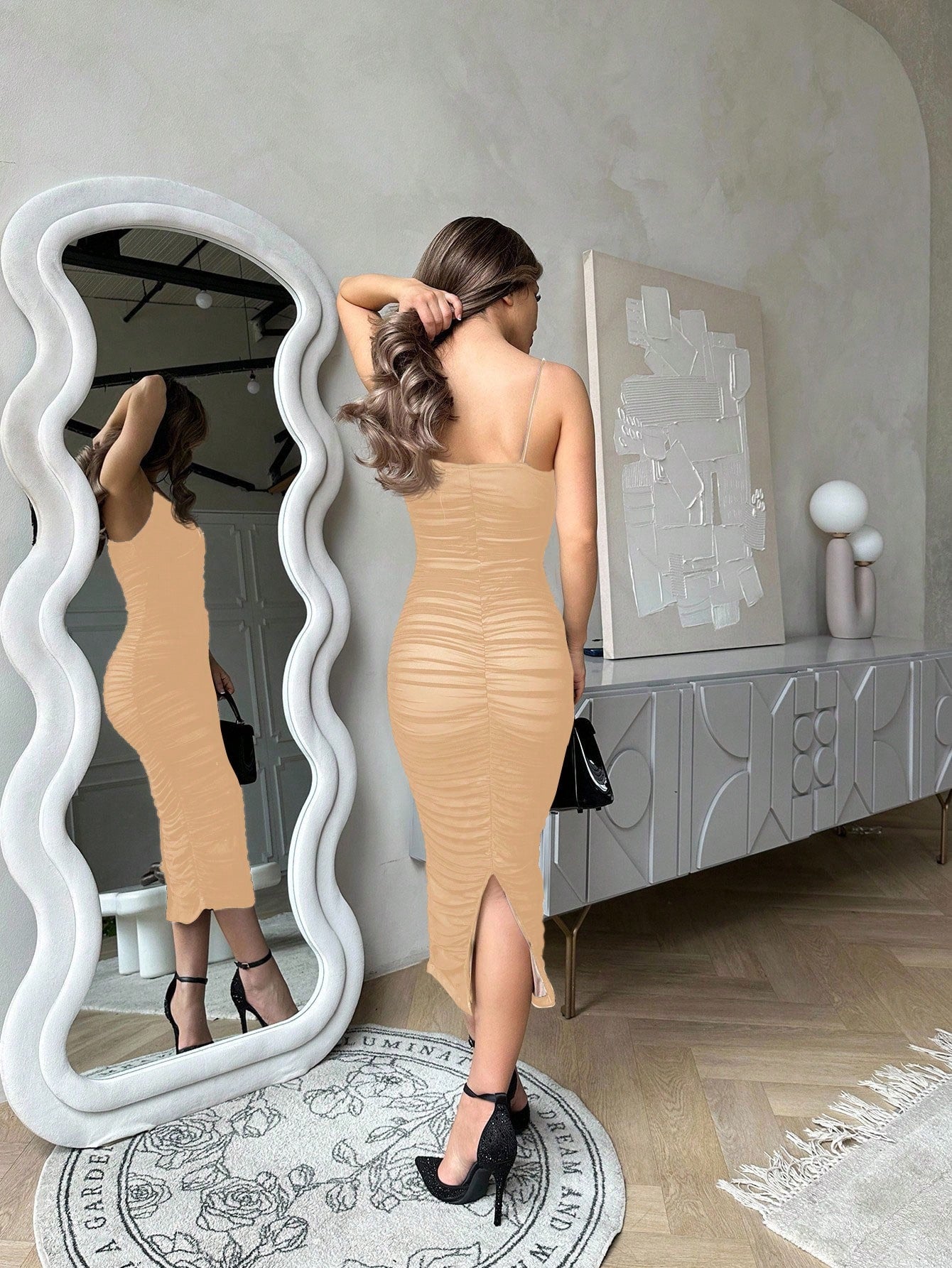 Jemour Prom Dress;Split Hem Ruched Mesh Slip Dress,Summer Dresses For Women,Tea Party Dress