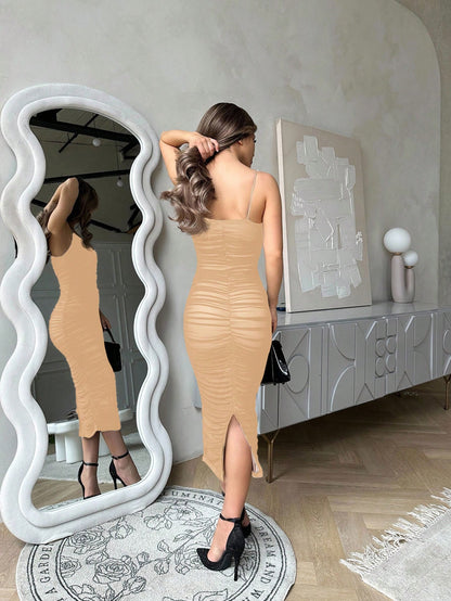 Jemour Prom Dress;Split Hem Ruched Mesh Slip Dress,Summer Dresses For Women,Tea Party Dress