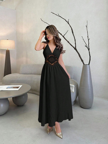 Jemour Textured V-Neck Halter Tie Up Open Back High Waist Floral Ruffled A-Line Midi Dress For Women, Vacation & Casual,Summer Dresses For Women