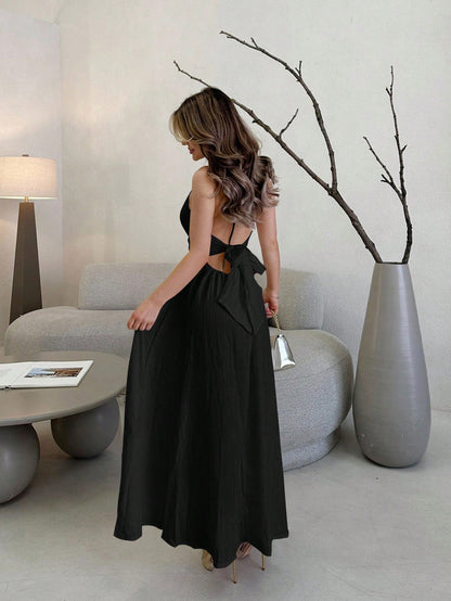 Jemour Textured V-Neck Halter Tie Up Open Back High Waist Floral Ruffled A-Line Midi Dress For Women, Vacation & Casual,Summer Dresses For Women