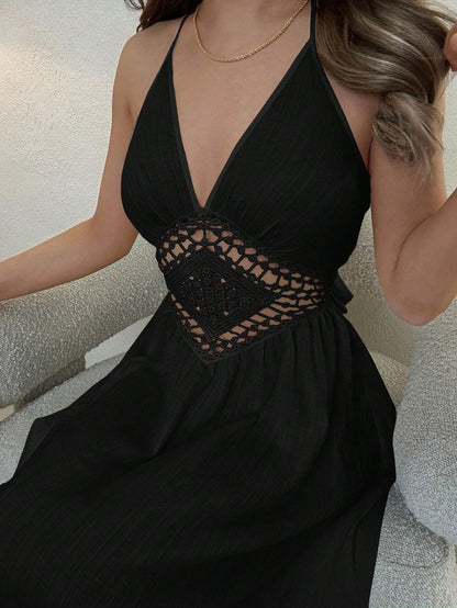 Jemour Textured V-Neck Halter Tie Up Open Back High Waist Floral Ruffled A-Line Midi Dress For Women, Vacation & Casual,Summer Dresses For Women