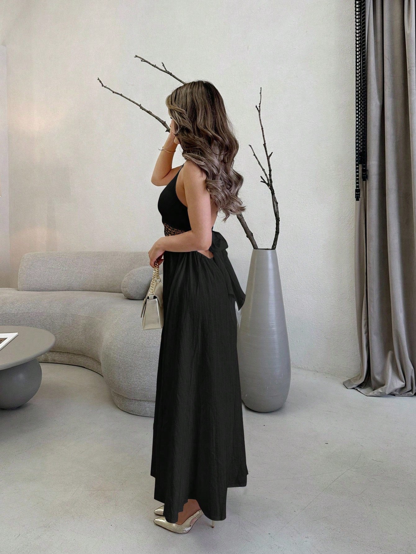 Jemour Textured V-Neck Halter Tie Up Open Back High Waist Floral Ruffled A-Line Midi Dress For Women, Vacation & Casual,Summer Dresses For Women