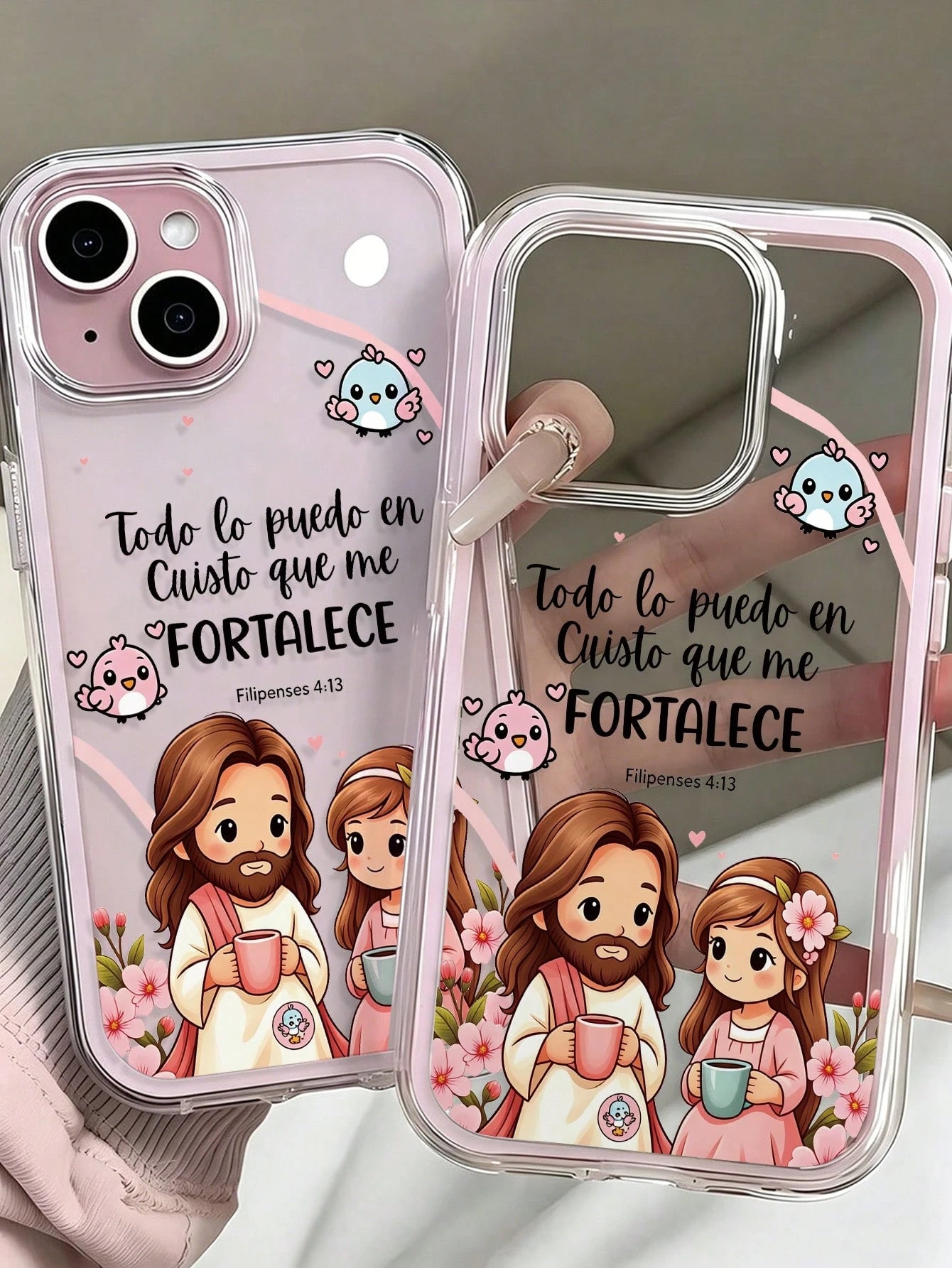 Jesus Painted Hole Minimalist 2-In-1 Powder Pink Frame Shockproof Thickened Phone Protective Case Compatible With Ip 17 Ip 17pro Ip 17promax IP16/11/16pro/16plus/16promax/16e/15Promax/13/14/12/XS/XRip