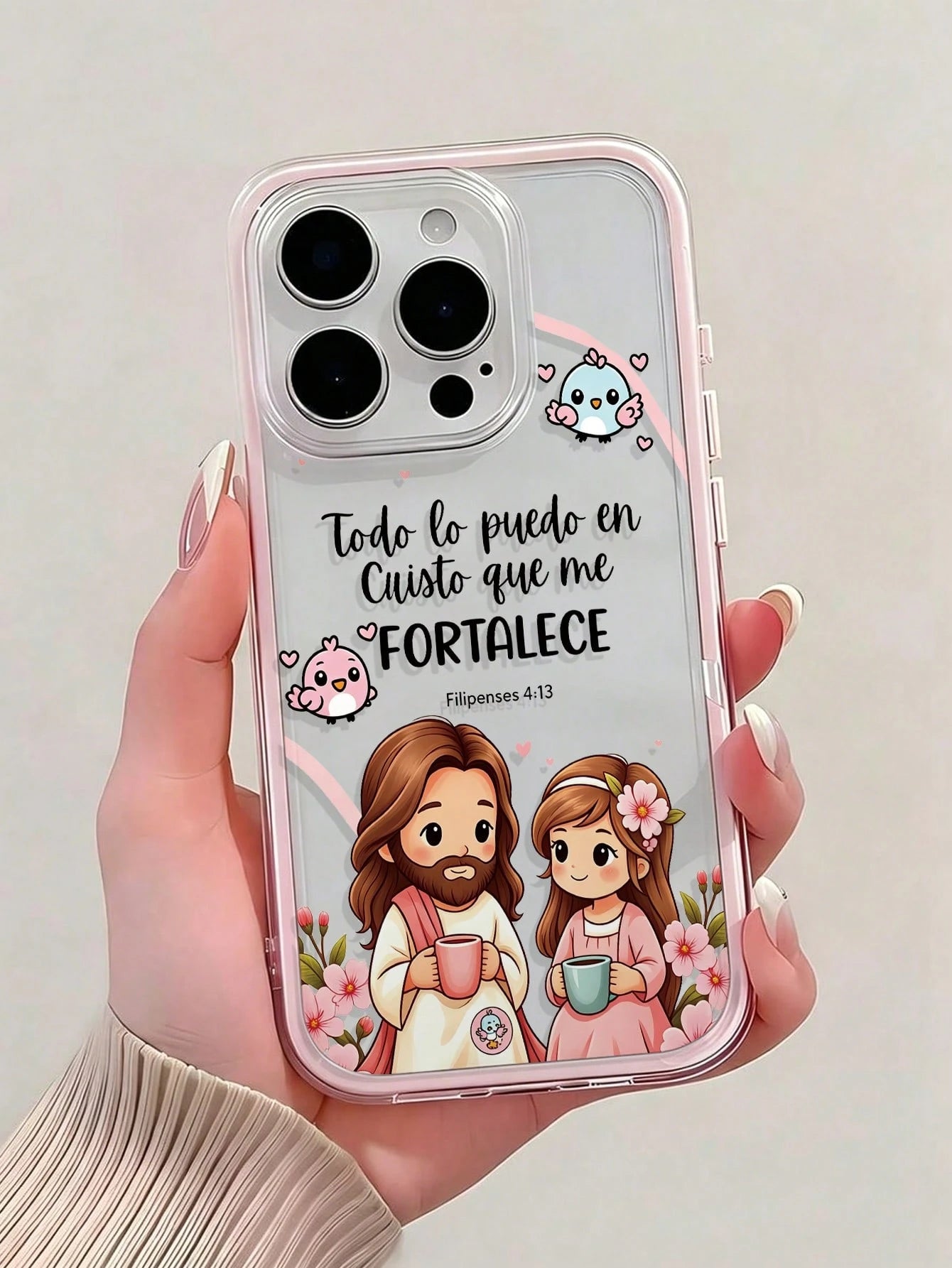 Jesus Painted Hole Minimalist 2-In-1 Powder Pink Frame Shockproof Thickened Phone Protective Case Compatible With Ip 17 Ip 17pro Ip 17promax IP16/11/16pro/16plus/16promax/16e/15Promax/13/14/12/XS/XRip