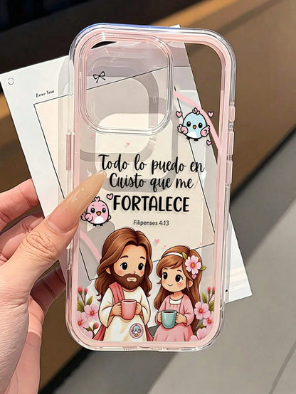Jesus Painted Hole Minimalist 2-In-1 Powder Pink Frame Shockproof Thickened Phone Protective Case Compatible With Ip 17 Ip 17pro Ip 17promax IP16/11/16pro/16plus/16promax/16e/15Promax/13/14/12/XS/XRip
