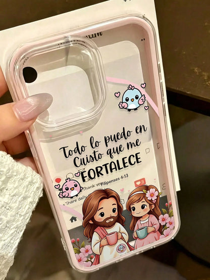 Jesus Painted Hole Minimalist 2-In-1 Powder Pink Frame Shockproof Thickened Phone Protective Case Compatible With Ip 17 Ip 17pro Ip 17promax IP16/11/16pro/16plus/16promax/16e/15Promax/13/14/12/XS/XRip