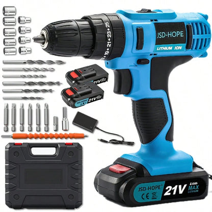 JSD-HOPE 21V Electric Drill, High-Speed Impact Drill, 10mm Chuck, Dual-Speed Adjustment, LED Working Light, Household/Outdoor Multi-Functional Drill And Screw Tightening Power Tool, Men's Gift