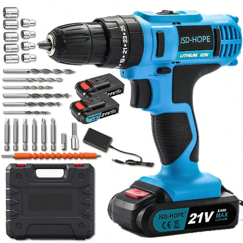 JSD-HOPE 21V Electric Drill, High-Speed Impact Drill, 10mm Chuck, Dual-Speed Adjustment, LED Working Light, Household/Outdoor Multi-Functional Drill And Screw Tightening Power Tool, Men's Gift