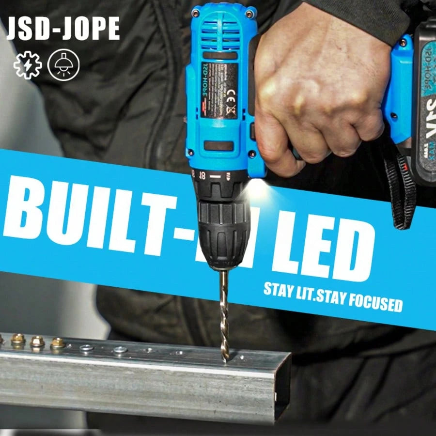 JSD-HOPE 21V Electric Drill, High-Speed Impact Drill, 10mm Chuck, Dual-Speed Adjustment, LED Working Light, Household/Outdoor Multi-Functional Drill And Screw Tightening Power Tool, Men's Gift