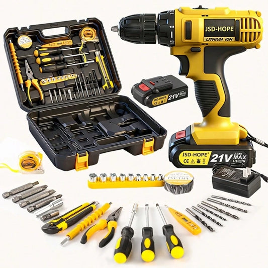 JSD-HOPE 21V Yellow Cordless Impact Drill, 2.0Ah Large Capacity Battery, 10mm Chuck, 70Nm Torque, 1600RPM, Multi-Speed Adjustment With LED Work Light, Portable Compact Variable Speed Power Tool For Ho