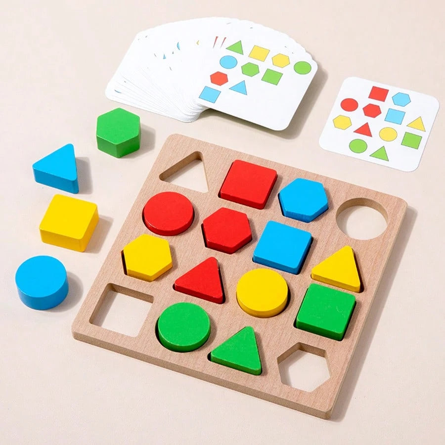 Kids Wooden Early Education Color & Shape Matching Game Toy Set, Suitable For 2-4 Years Old Boys And Girls Color And Shape Recognition Matching Interactive Game Toy, Comes With 30 Game Cards, Birthday