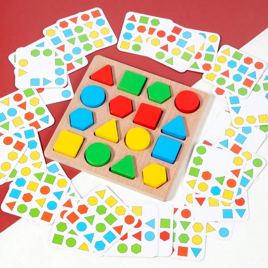 Kids Wooden Early Education Color & Shape Matching Game Toy Set, Suitable For 2-4 Years Old Boys And Girls Color And Shape Recognition Matching Interactive Game Toy, Comes With 30 Game Cards, Birthday