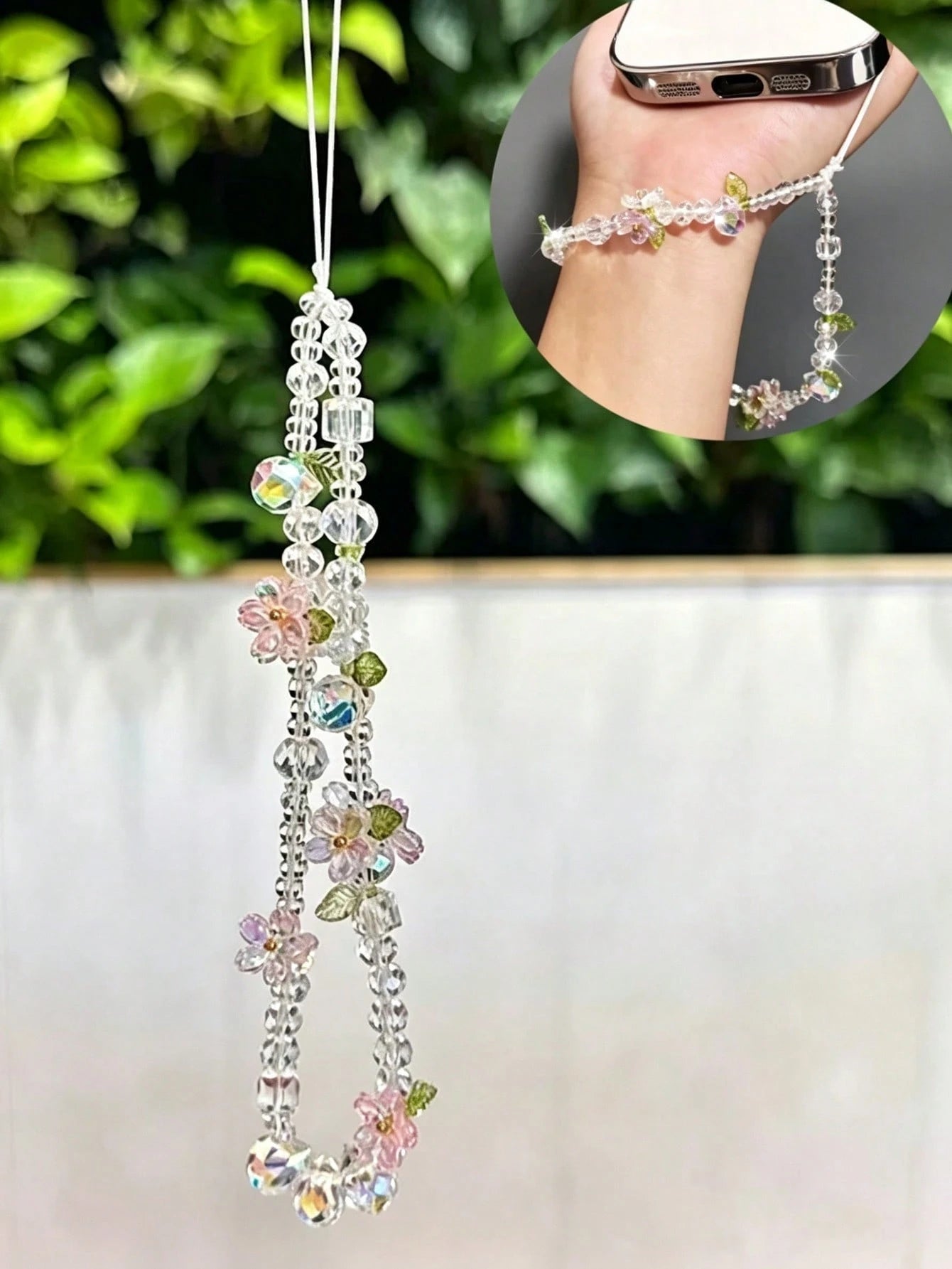 Korean-Style Ins Minimalist Luxury Rhinestone Flower And Leaf Mobile Phone Chain Short-Style Beaded Chain CCD Camera Pendant For Ladies' Wrist Decoration, Mobile Phone Case Hanging String, Bag Hanging