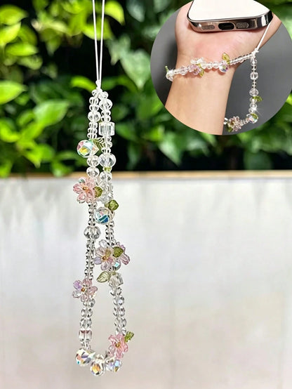 Korean-Style Ins Minimalist Luxury Rhinestone Flower And Leaf Mobile Phone Chain Short-Style Beaded Chain CCD Camera Pendant For Ladies' Wrist Decoration, Mobile Phone Case Hanging String, Bag Hanging