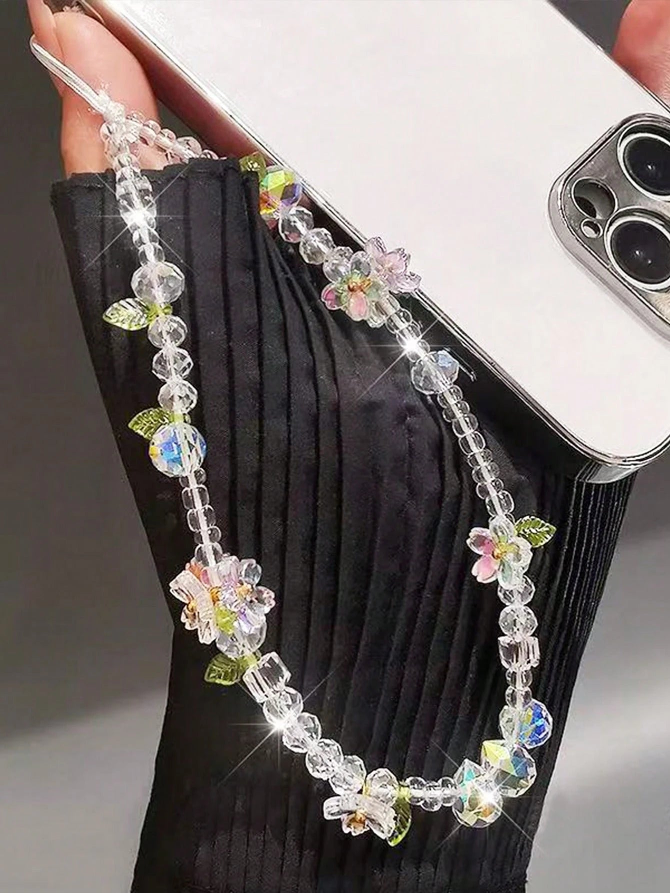 Korean-Style Ins Minimalist Luxury Rhinestone Flower And Leaf Mobile Phone Chain Short-Style Beaded Chain CCD Camera Pendant For Ladies' Wrist Decoration, Mobile Phone Case Hanging String, Bag Hanging