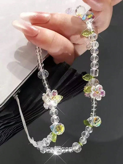 Korean-Style Ins Minimalist Luxury Rhinestone Flower And Leaf Mobile Phone Chain Short-Style Beaded Chain CCD Camera Pendant For Ladies' Wrist Decoration, Mobile Phone Case Hanging String, Bag Hanging
