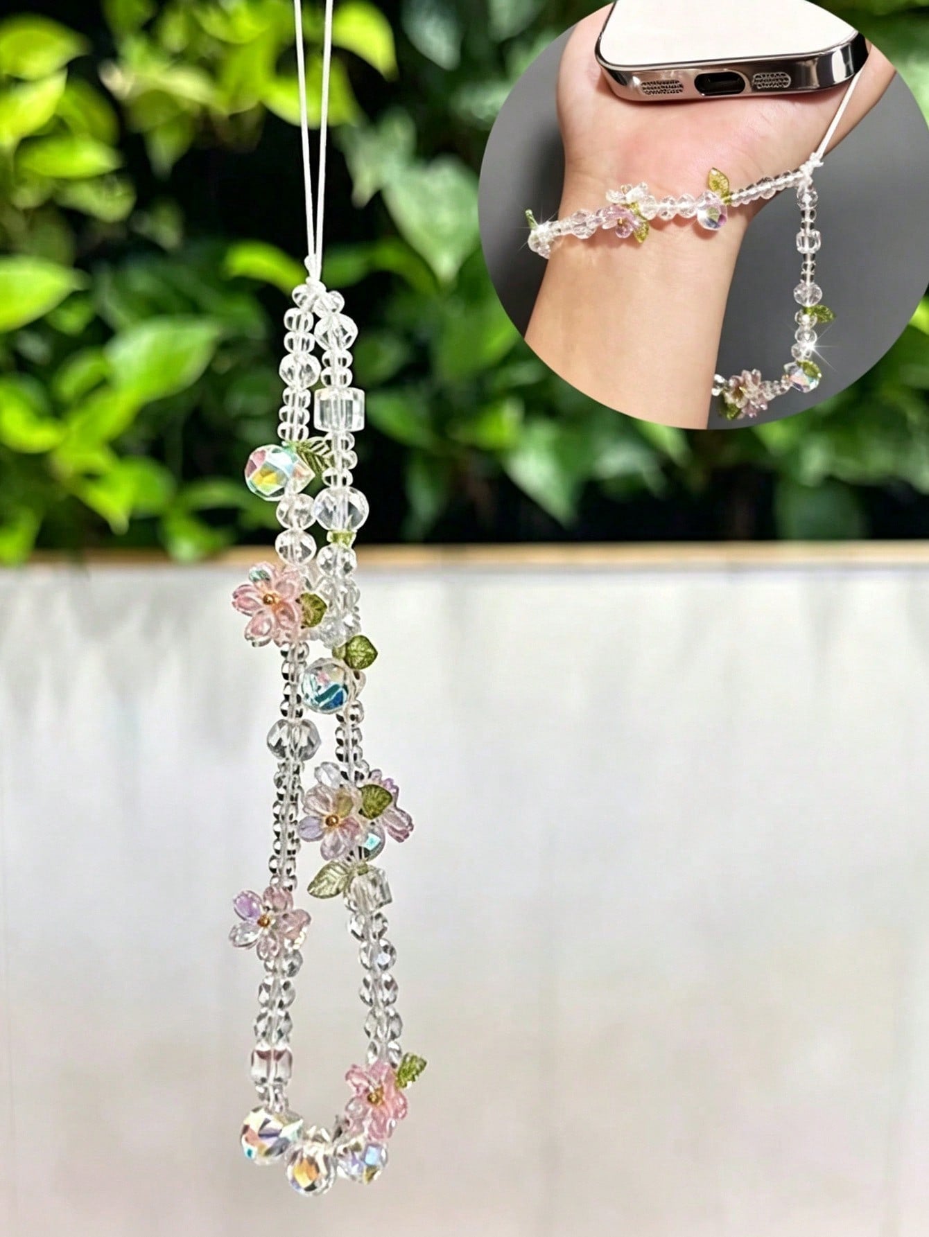 Korean-Style Ins Minimalist Luxury Rhinestone Flower And Leaf Mobile Phone Chain Short-Style Beaded Chain CCD Camera Pendant For Ladies' Wrist Decoration, Mobile Phone Case Hanging String, Bag Hanging