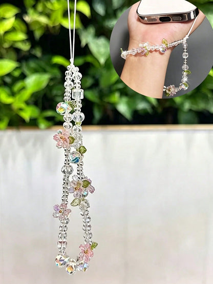 Korean-Style Ins Minimalist Luxury Rhinestone Flower And Leaf Mobile Phone Chain Short-Style Beaded Chain CCD Camera Pendant For Ladies' Wrist Decoration, Mobile Phone Case Hanging String, Bag Hanging