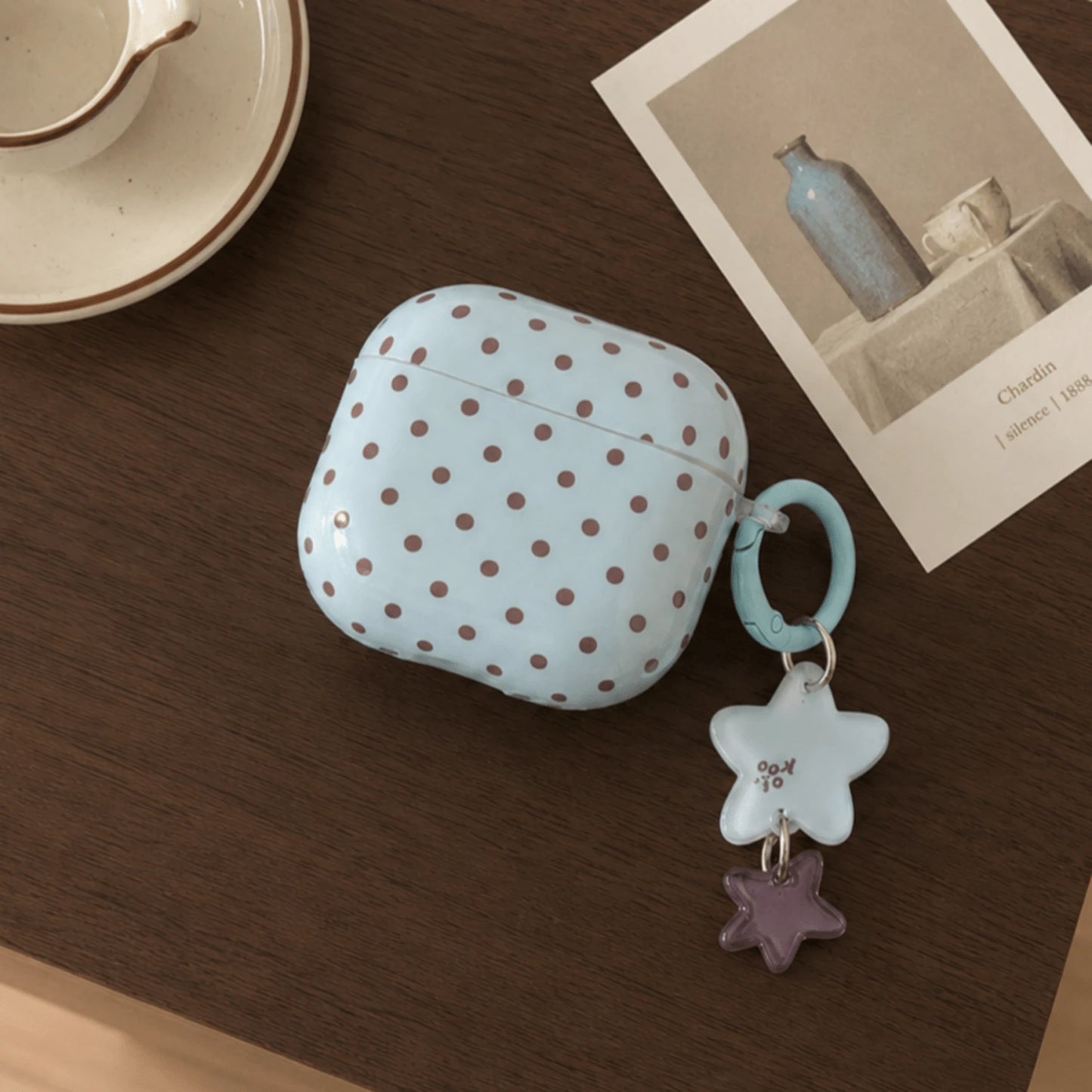 Korean Style Minimalist Blue Background Brown Polka Dot + Pendant Earphone Case Suitable For Pro 3 New Pro 2 Protective Cover Pro Cute Apple 4 Minimalist 3 Personalized 1/2 Generation Women's Earphone
