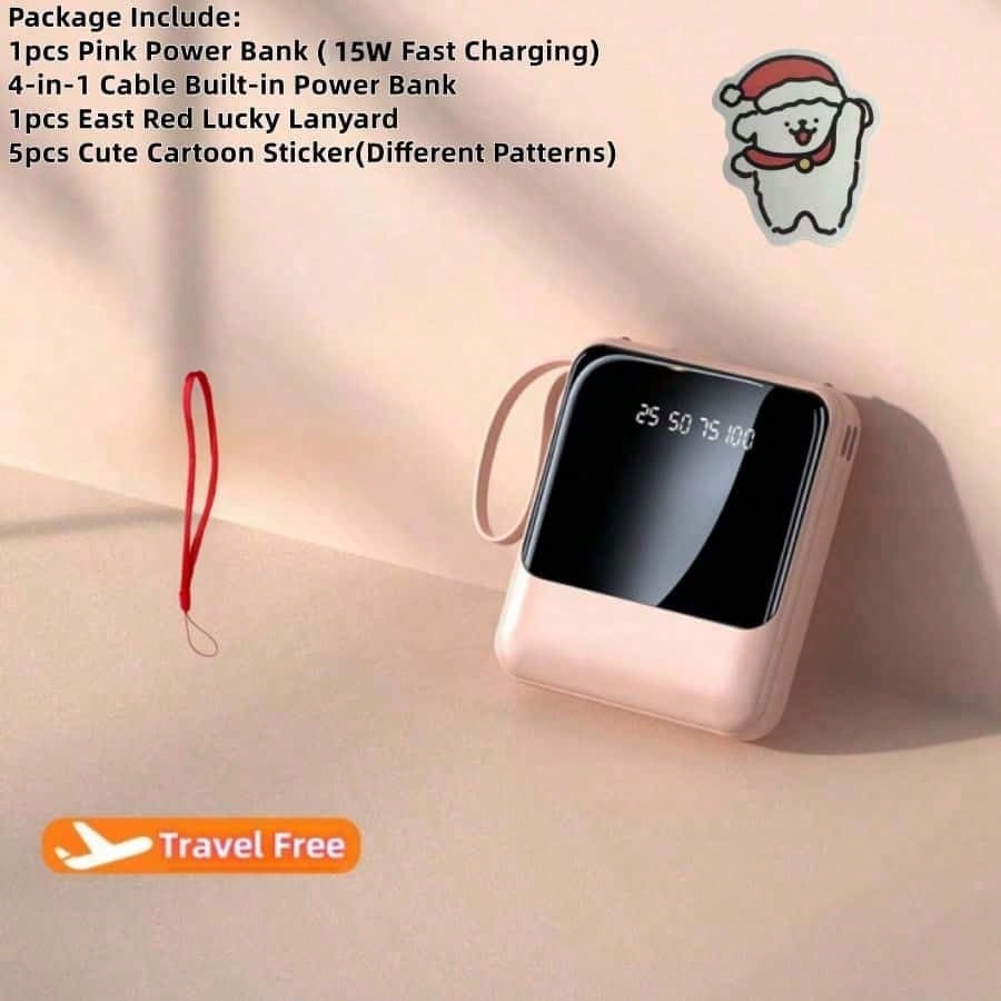 LADAPU 10000mAh Mini Cute Pocket Size Pink-15W Fast Charging Portable Power Bank, Small Size Large Capacity High Appearance, Built-In 4-In1- Detachable Cables, High-Speed Rechargeable Battery, Gifts F