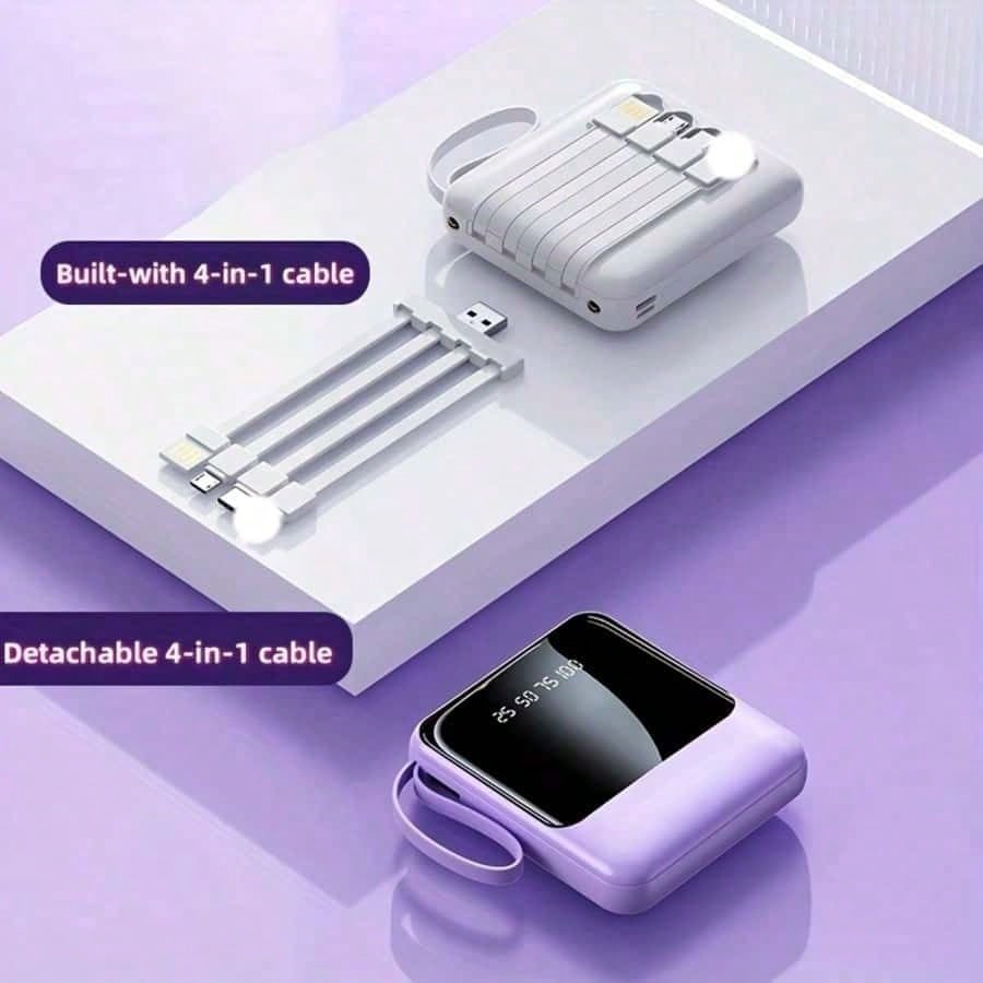 LADAPU 10000mAh Mini Cute Pocket Size Pink-15W Fast Charging Portable Power Bank, Small Size Large Capacity High Appearance, Built-In 4-In1- Detachable Cables, High-Speed Rechargeable Battery, Gifts F